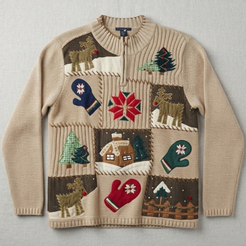 vtg ugly Christmas Sweater 3d Reindeer Mitten Patchwork 2X tree gingerbread